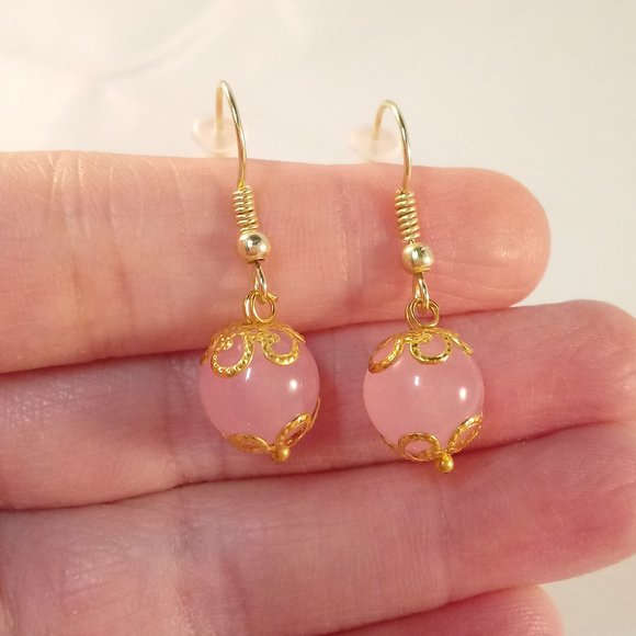 Natural 10mm Pink Jade Gemstone Bead Dangle Earrings AAA Yellow Gold Party Gift - Picture 1 of 2